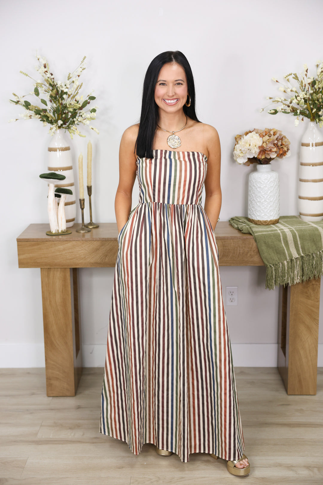 Golden Hour Stripe Printed Strapless Dress "Multi"
