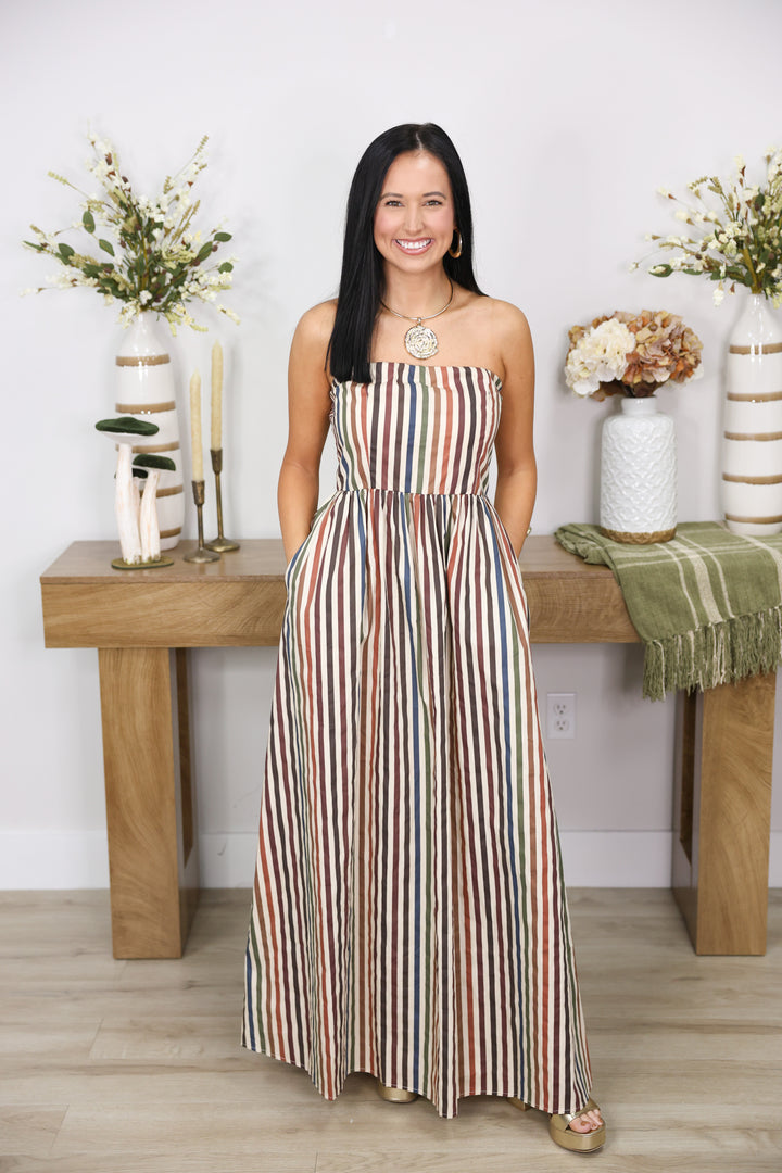 Golden Hour Stripe Printed Strapless Dress "Multi"
