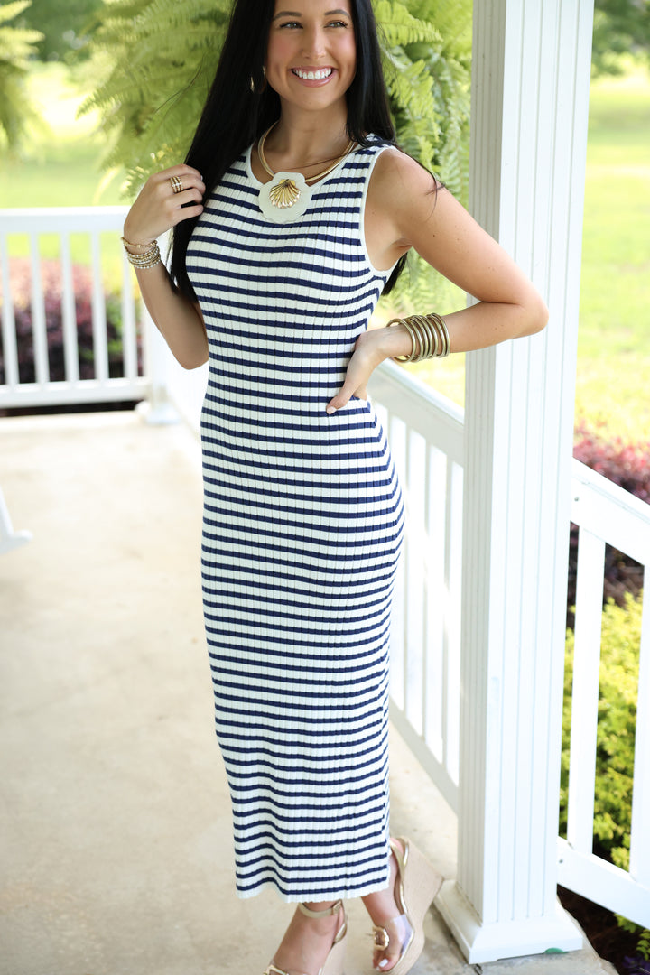 Sleeveless Round Neck Striped Rib Sweater Midi Dress "White/Navy"