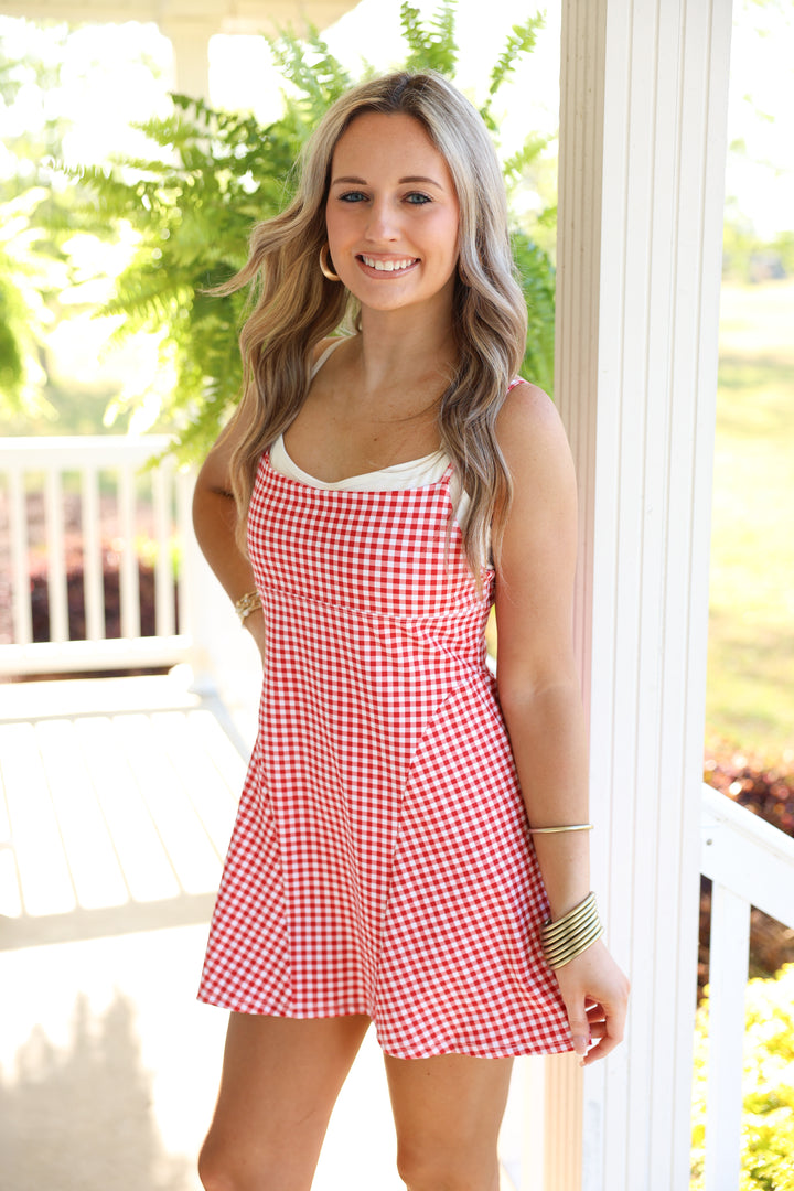 Gingham Print Double Layered Dress "Red"