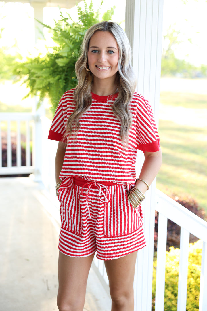 Striped Comfy Knit Top & Short Set "Red/White"