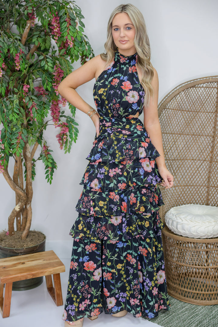 High Neck Halter Waist Cut Out Ruffle Maxi Dress "Black Floral"