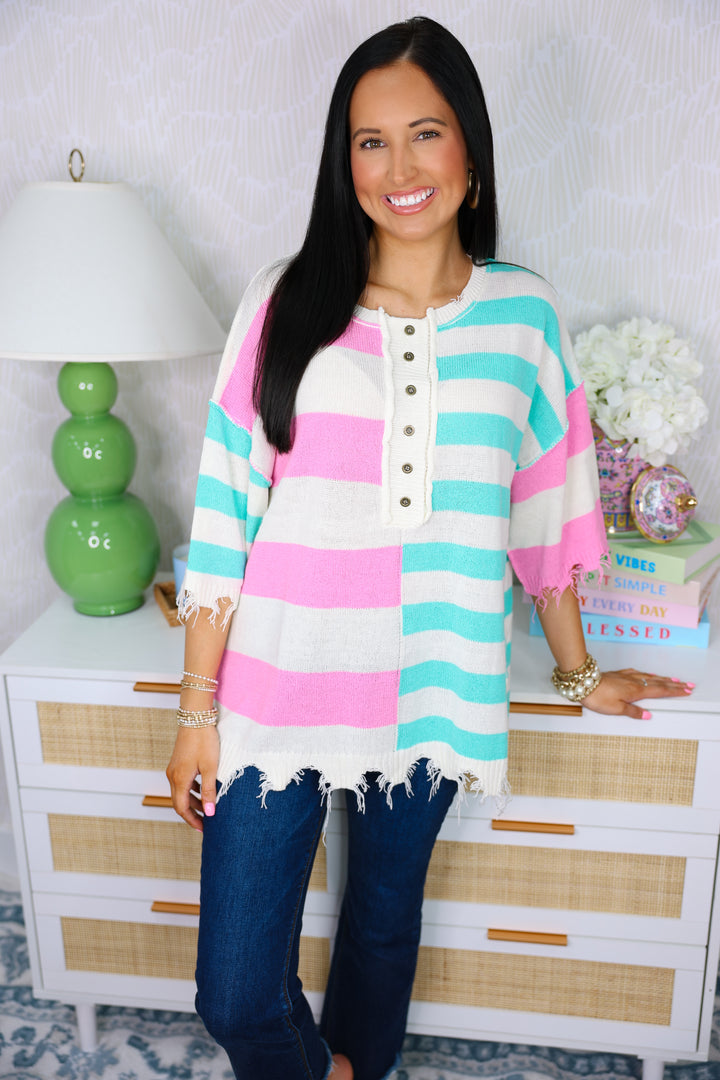 Stripe Knit Sweater Top "Mint/Pink"