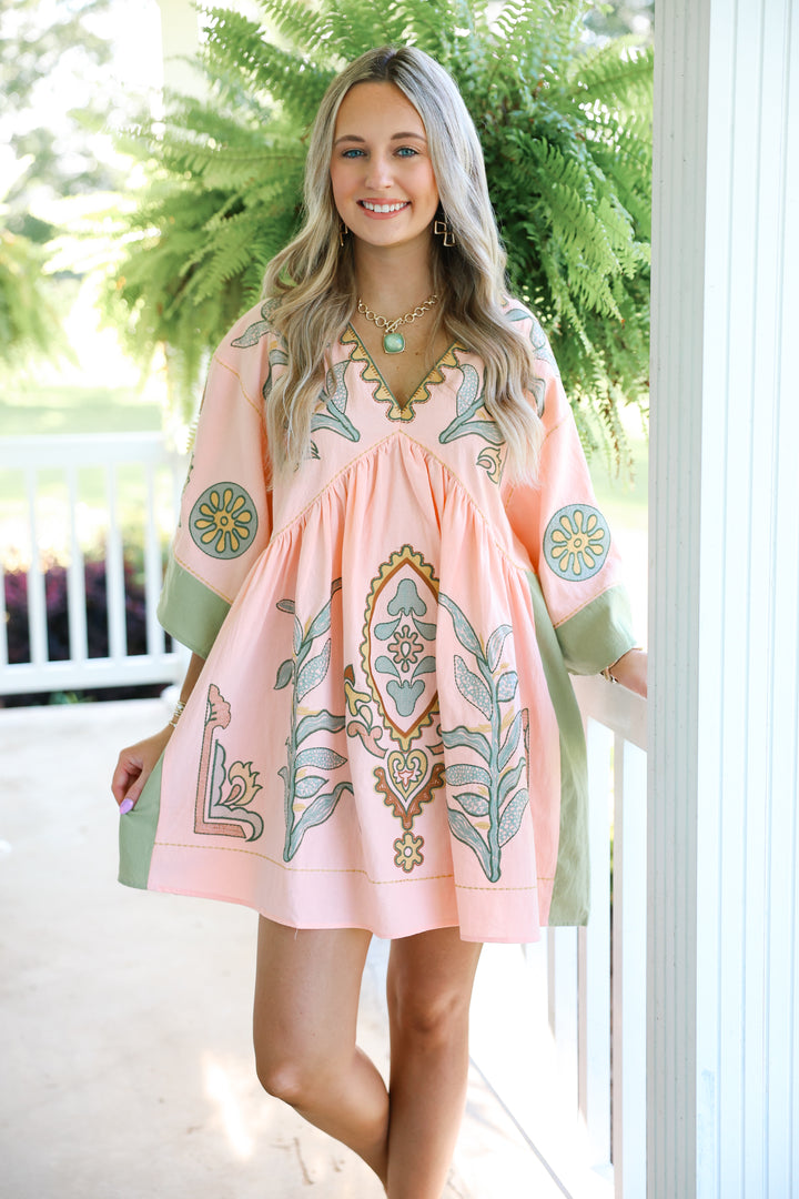 Floral Embroidered V-Neck Mini Dress "Salmon/Sage"