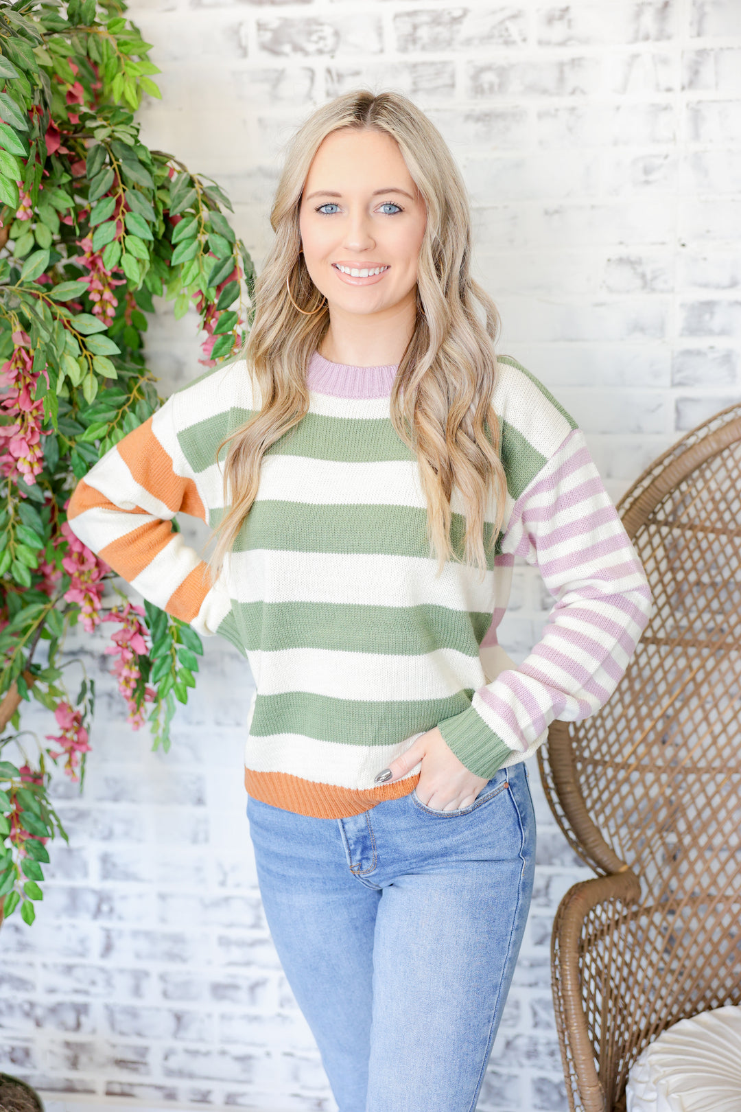 Multi Color Stripe Mix Crew Neck Sweater Top "Olive Mix"