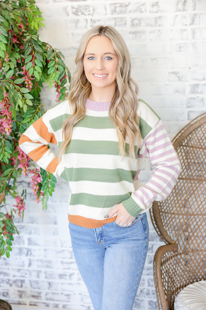Multi Color Stripe Mix Crew Neck Sweater Top "Olive Mix"