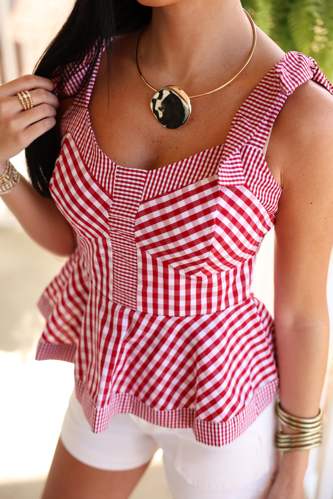 Gingham Sleeveless Peplum Top "Red"