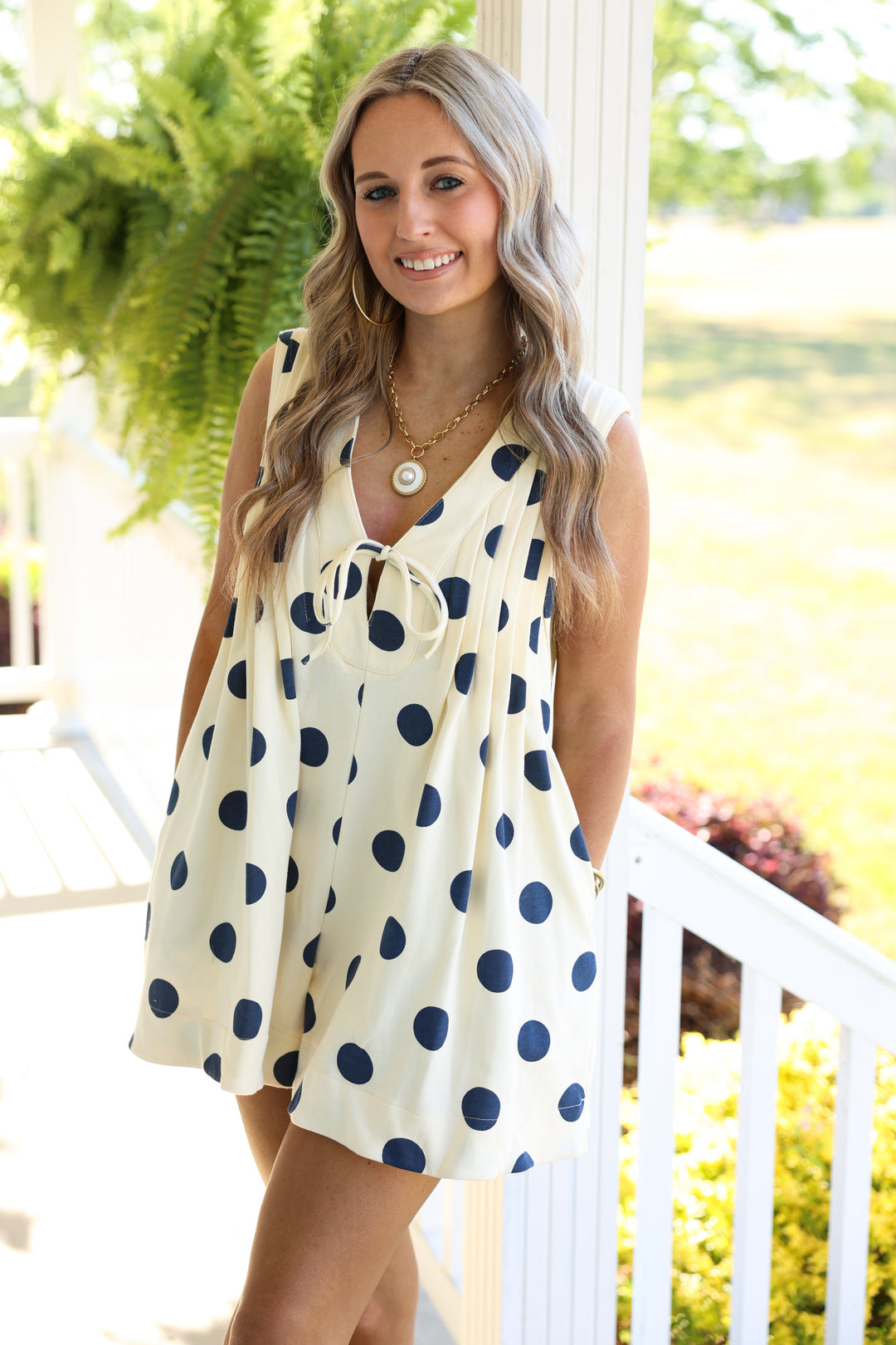 Polka Dot Pleated Romper "Navy Polka Dot"