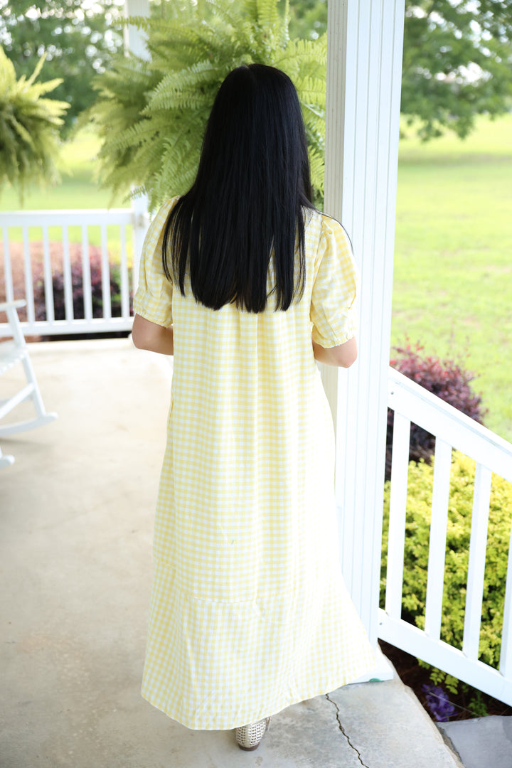 Open Collared Gingham Check Midi Dress "Lemon"