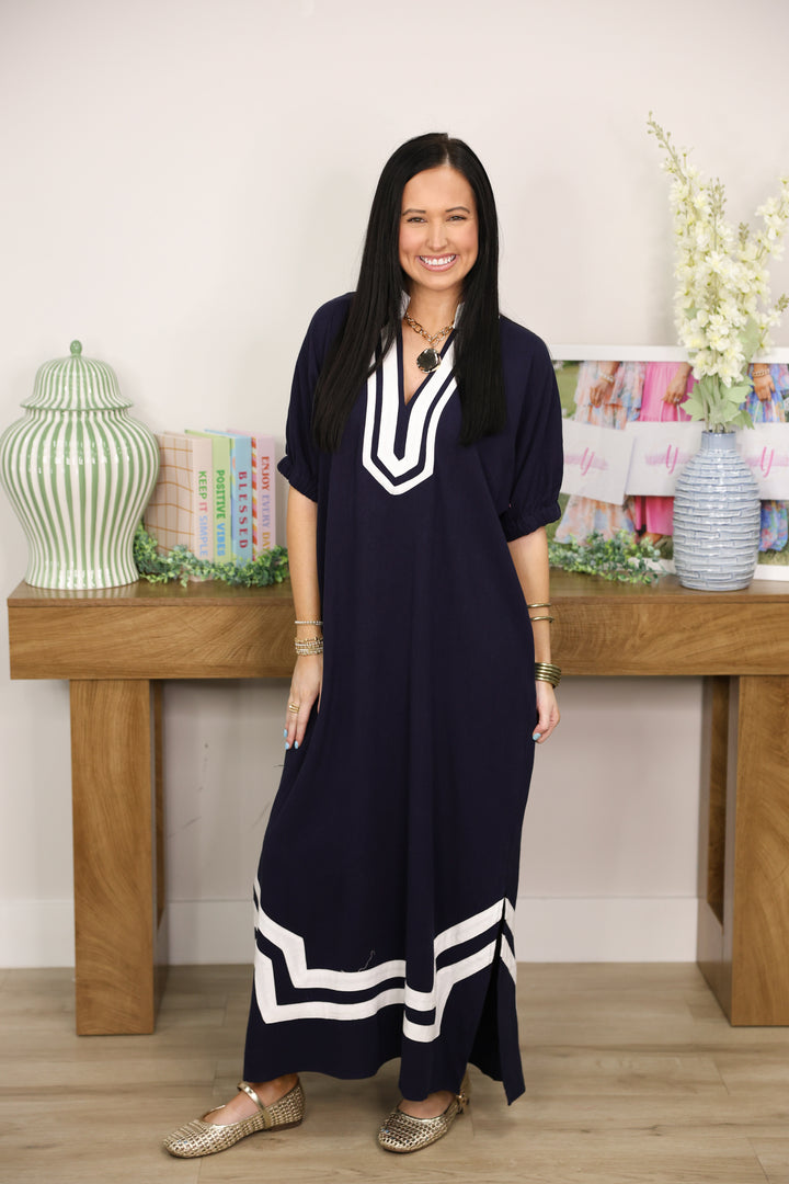 The Scarlet Trim Stunner Midi Dress "Navy"