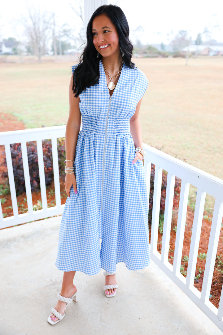 Gracious Gingham Zipper Dress "Blue"