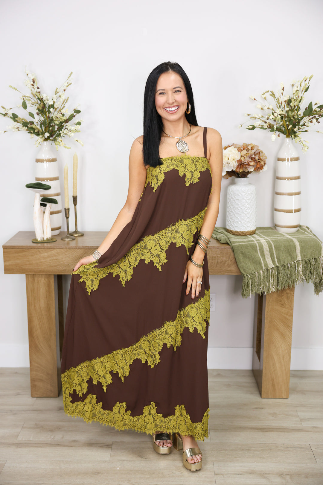 Chartreuse Lace Charm Dress "Chocolate"