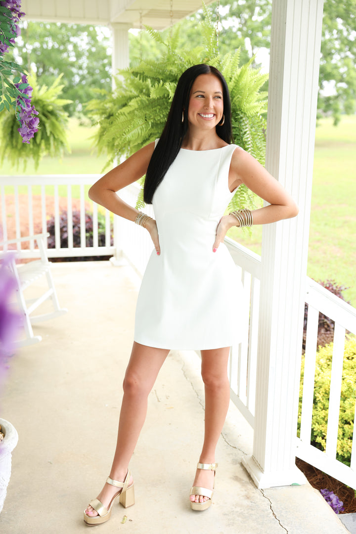 Backless Detail Boat Neck Sleeveless Mini Dress "White"