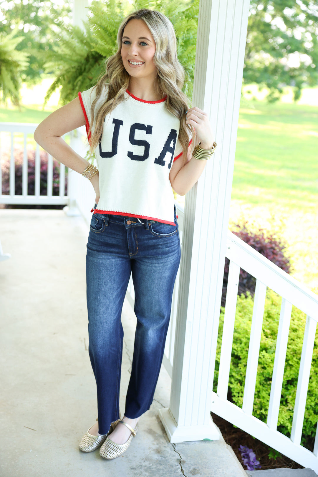 USA Graphic Cap Sleeve Top "Off White"