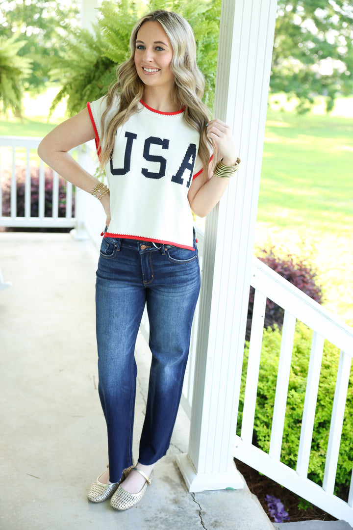USA Graphic Cap Sleeve Top "Off White"