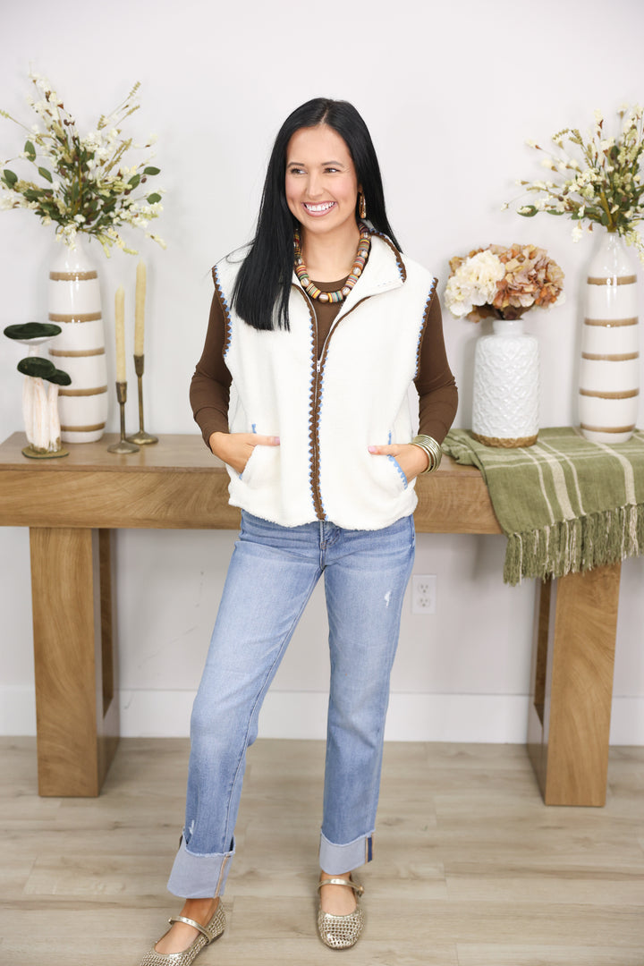 Mock Neck Double Stitch Detail Zip Up Fleece Vest "Cream"