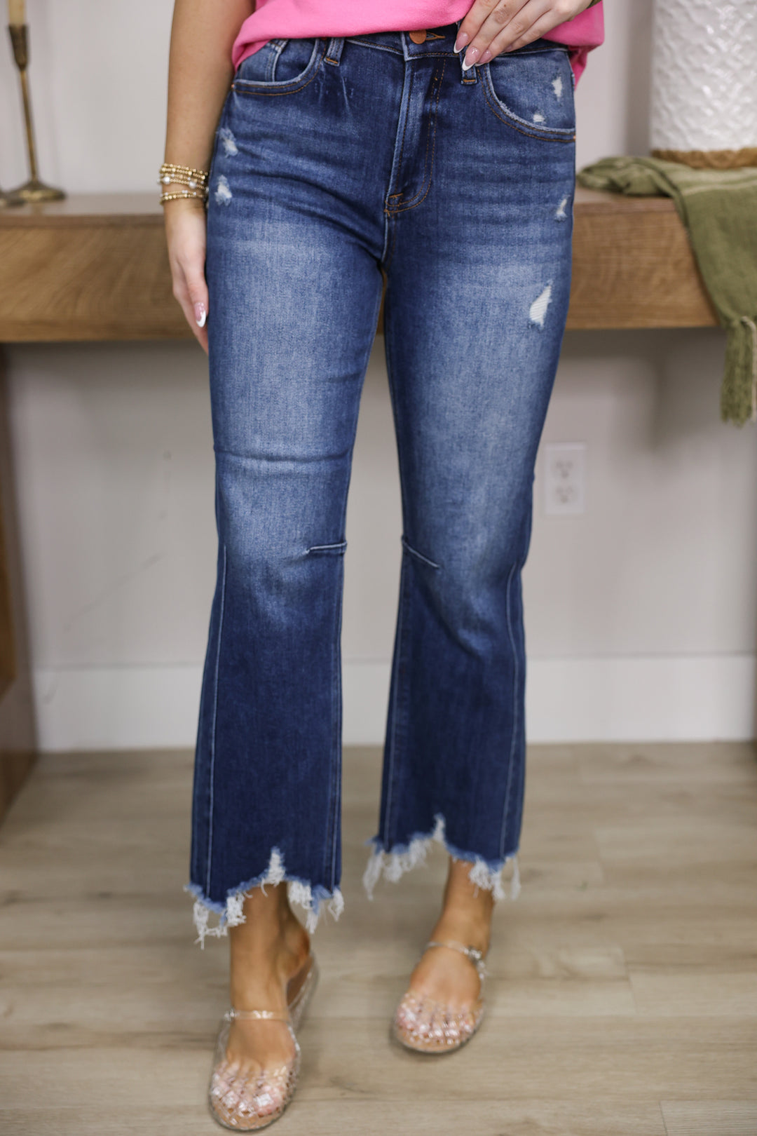 Risen - High Rise Crop Straight Distressed Hem Jeans "Dark"