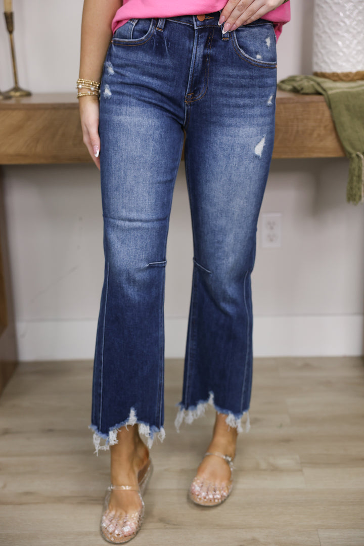 Risen - High Rise Crop Straight Distressed Hem Jeans "Dark"
