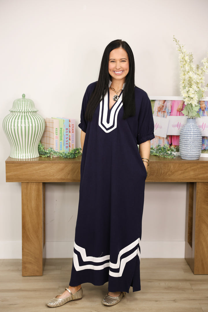 The Scarlet Trim Stunner Midi Dress "Navy"