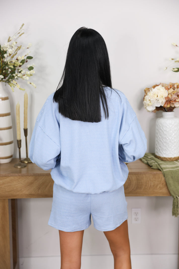 Mock Neck Stripe Lounge Short Set "Blue/White"
