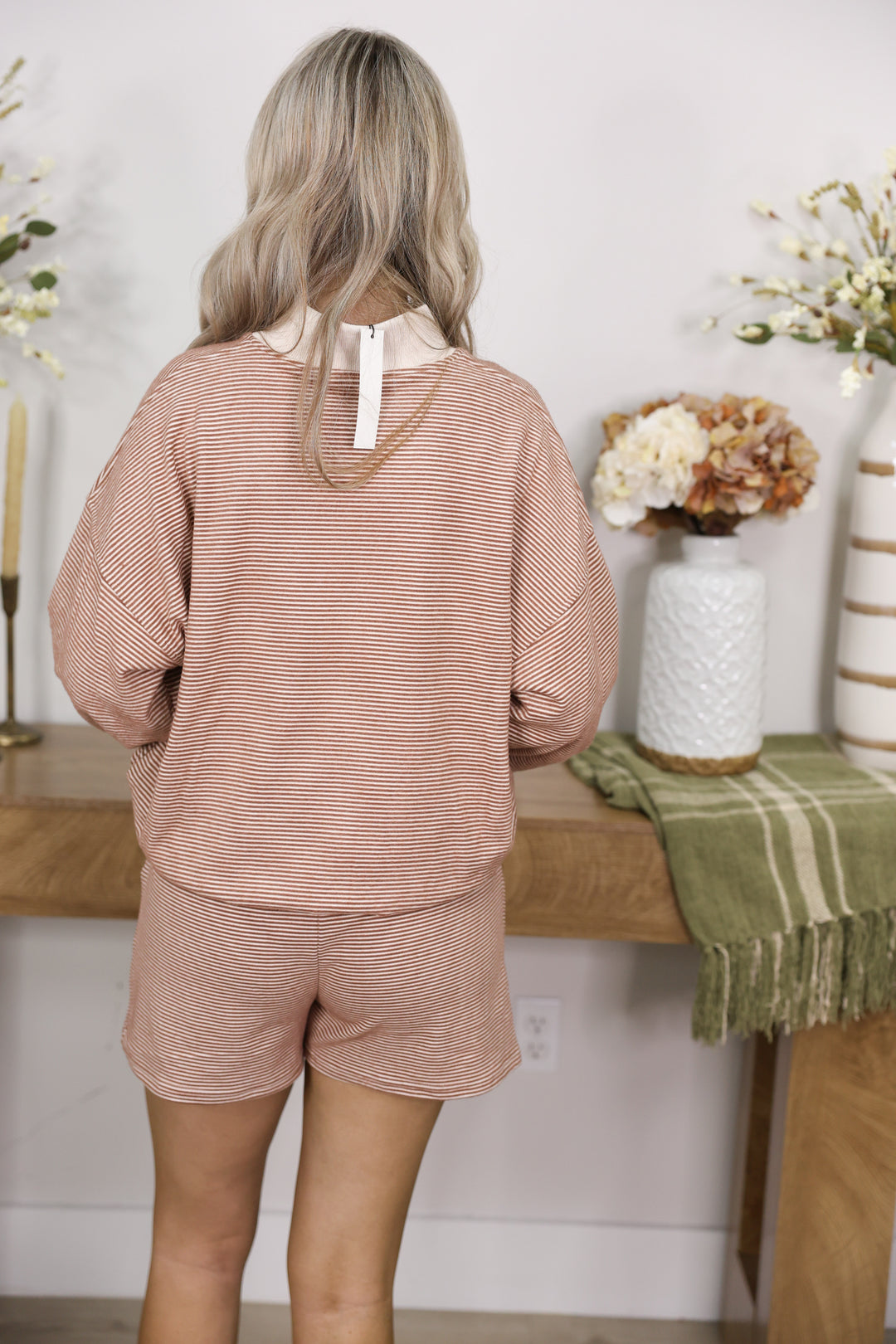 Mock Neck Stripe Lounge Short Set "Brown/Cream"