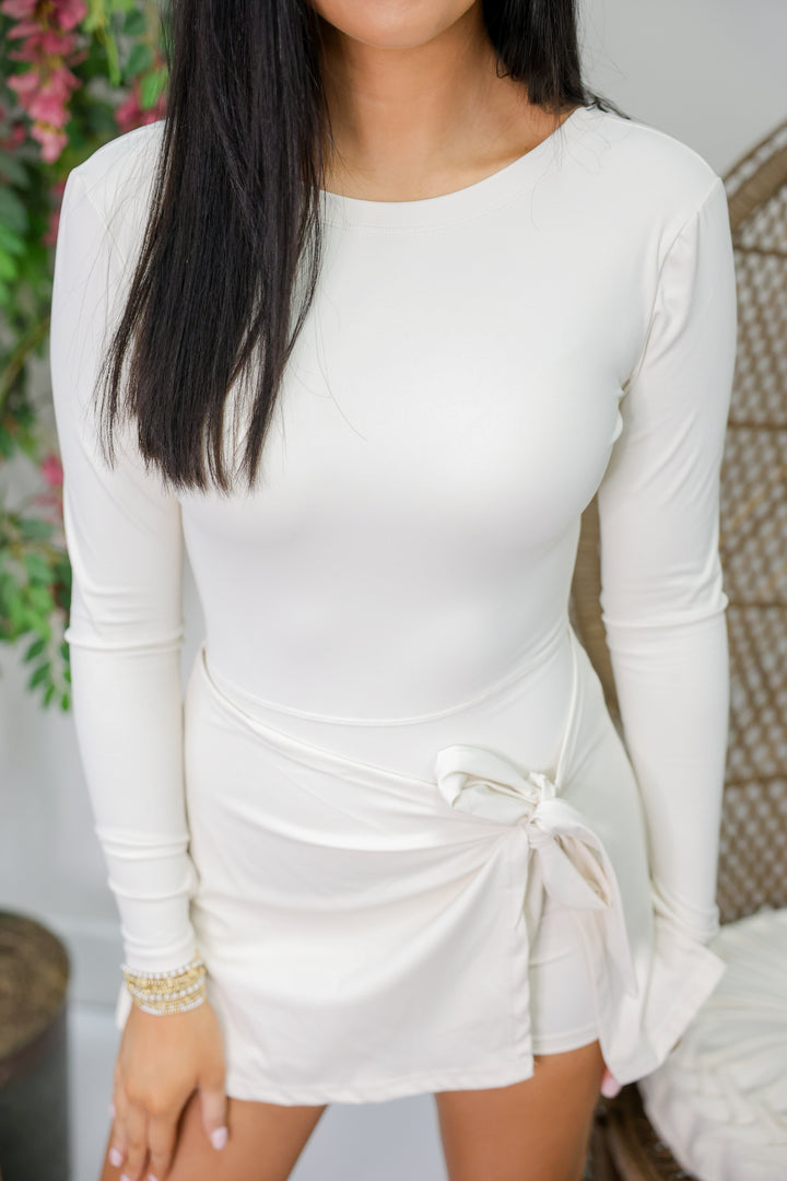 Long Sleeve Wrap Tie Front Dress "Cream"