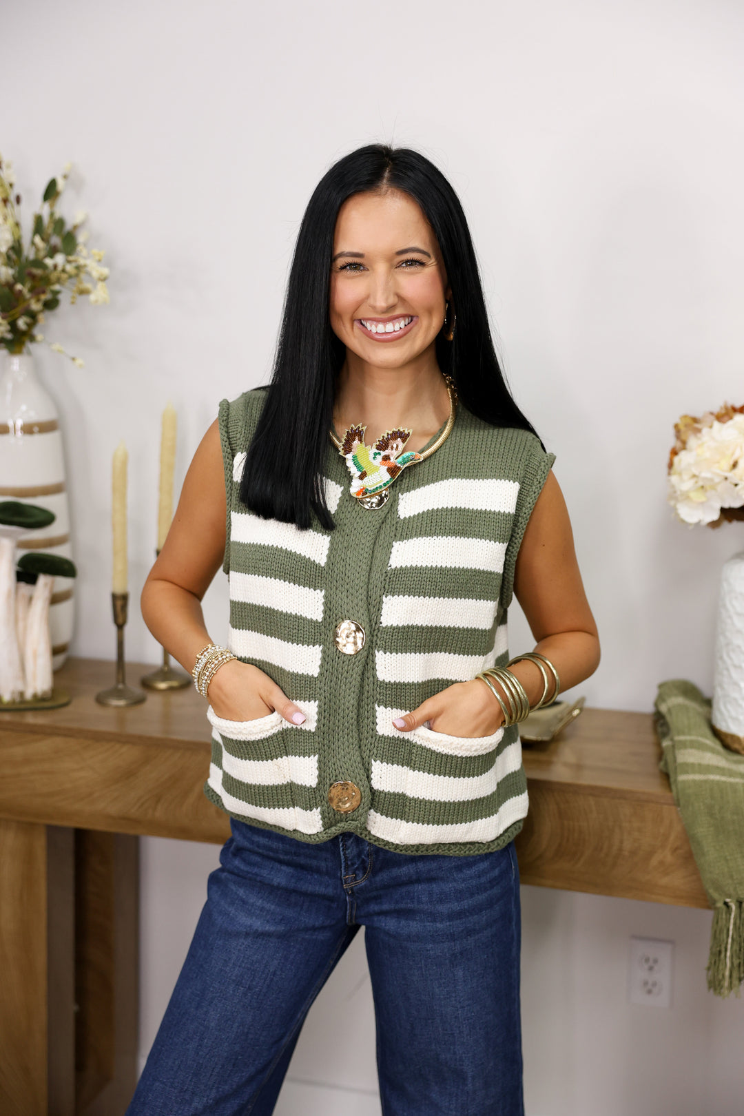 Sleeveless Striped Button Down Knit Vest "Olive"