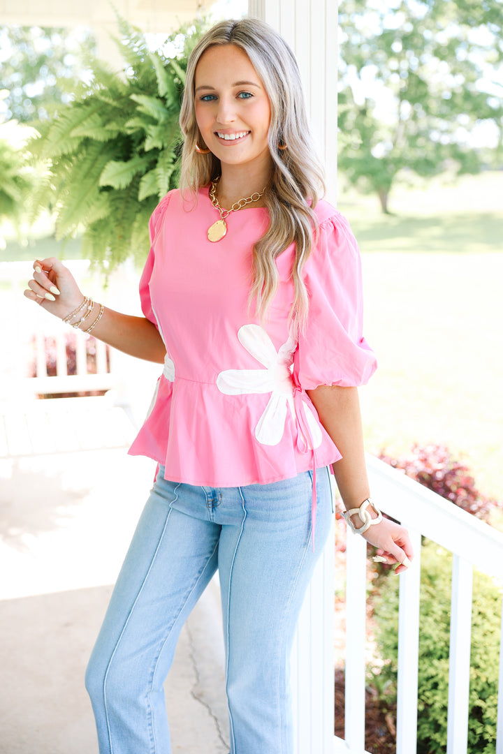 Floral Colorblock Poplin Top "Pink"