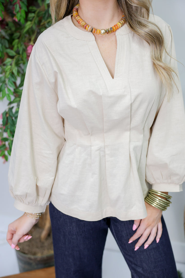 Pintuck Waist Solid V-Neck Top "Ecru"
