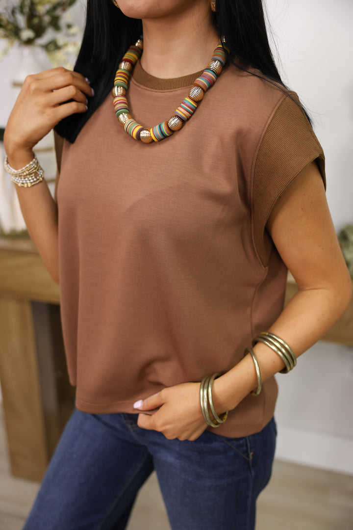 Solid Cap Sleeve Crew Neck Top "Mocha"
