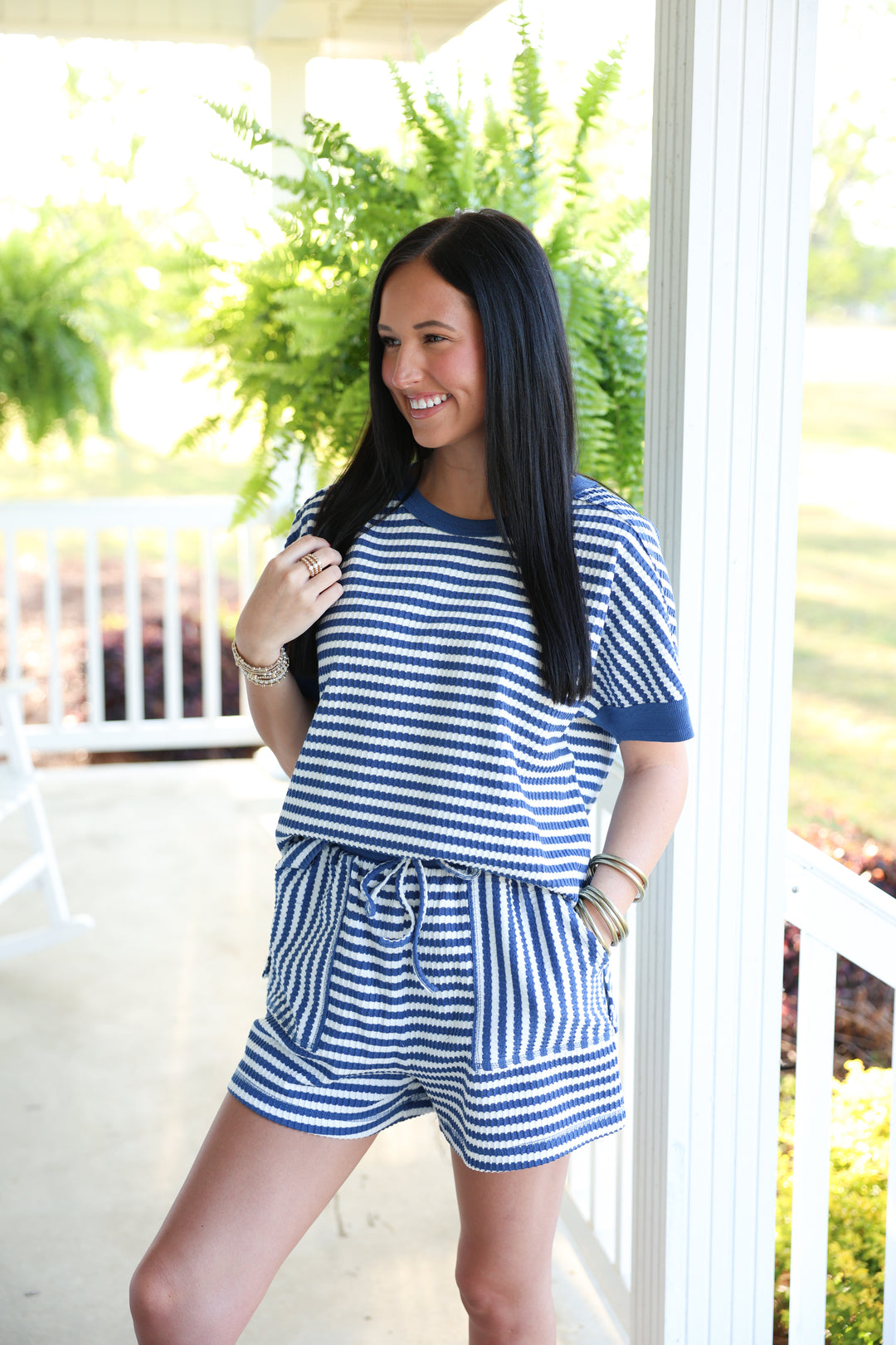 Striped Comfy Knit Top & Short Set "Blue/White"