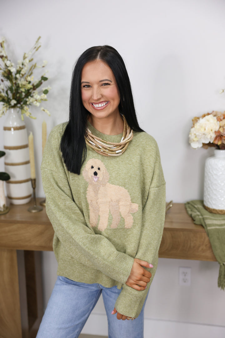 Golden Doodle Dog Graphic Oversized Crew Neck Sweater "Olive"