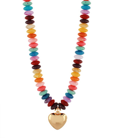 Color Wide Beaded Puffy Heart Necklace "Multi/Gold"