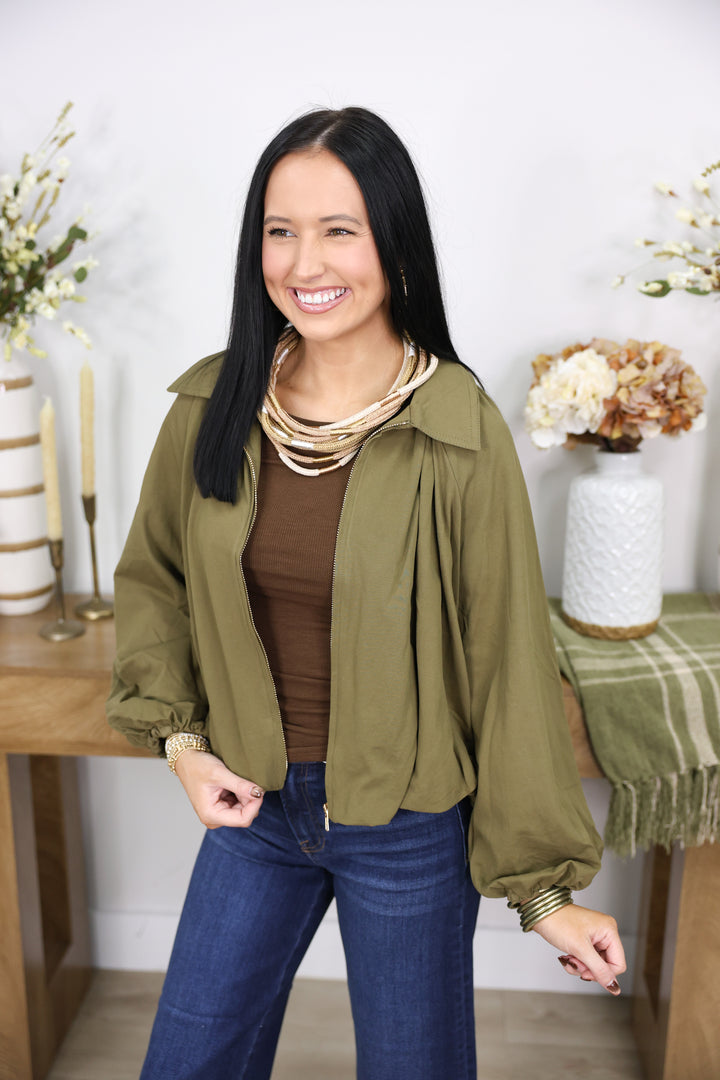 Solid Long Sleeve Jacket W/ Gold Zipper "Olive"