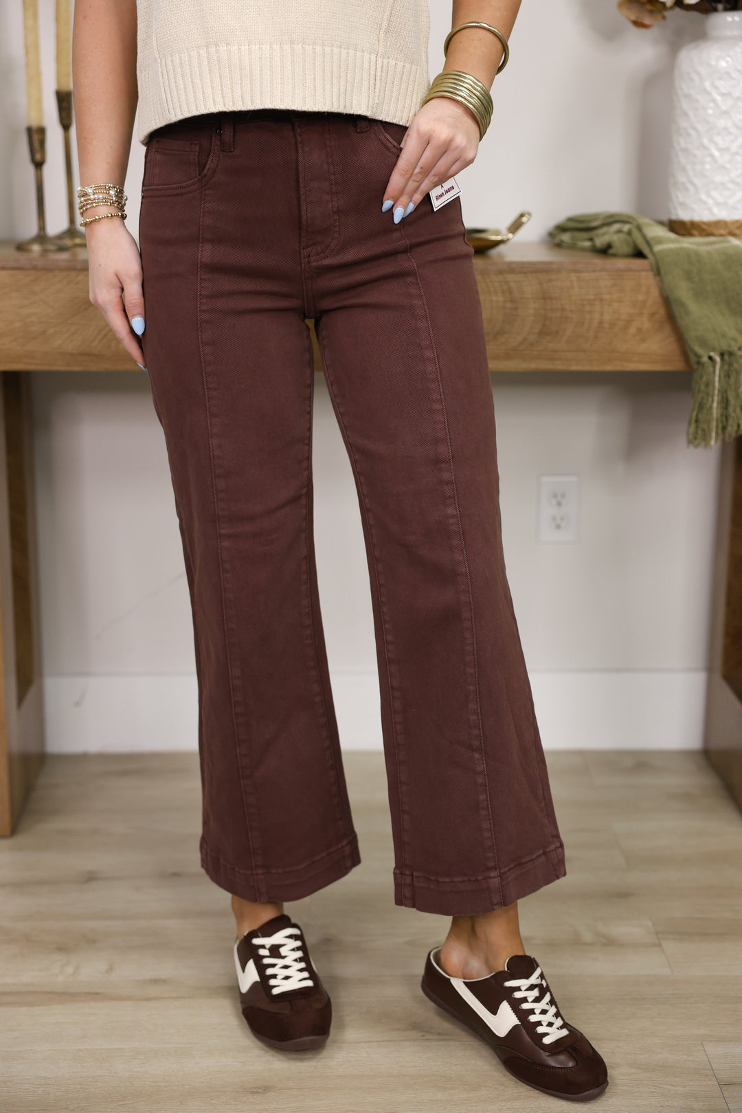 Risen - TC High Rise Crop Stretchy Wide Leg Pants "Choco Brown"