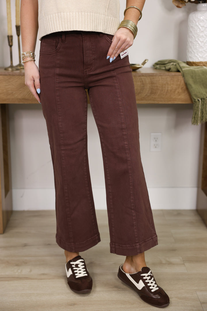 Risen - TC High Rise Crop Stretchy Wide Leg Pants "Choco Brown"