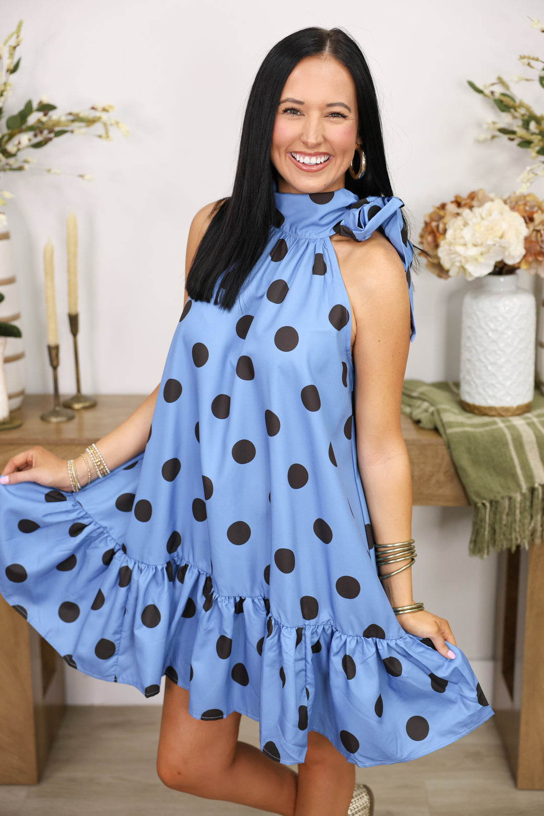 Tie Neck Sleeveless Polka Dot Mini Dress "Slate"