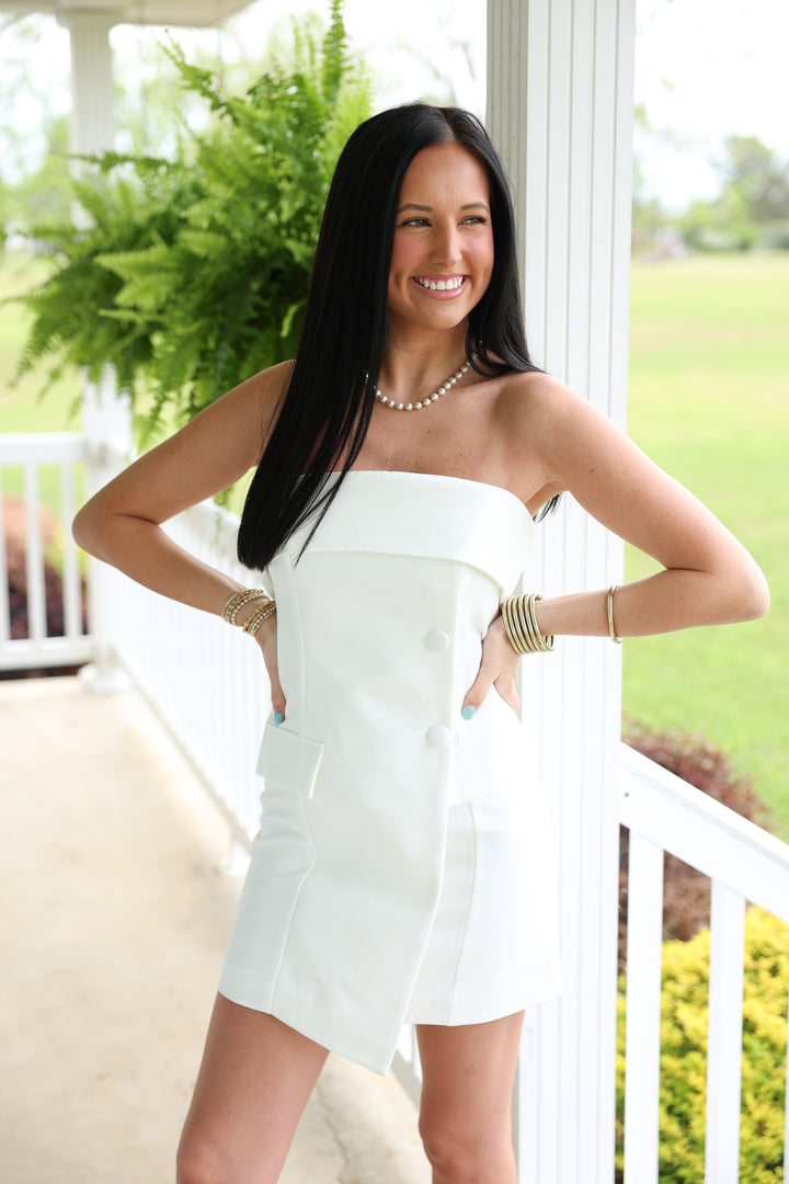 Strapless Collared Tailored Bodycon Mini Dress "White"
