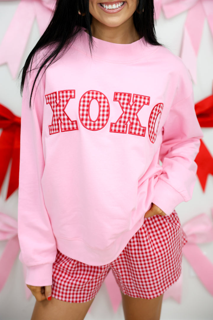 Mock Neck Sweatshirt W/ Gingham XOXO Patch Applique "Pink"