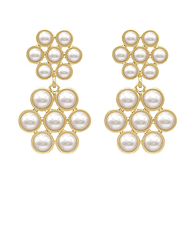 Pearl & Double Flower Drop Earrings "Cream/Gold"
