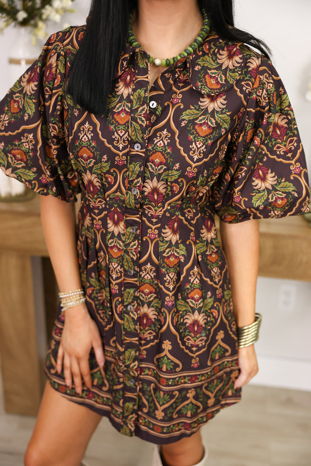 Veda Paisley Puff Sleeve Dress "Chocolate Multi"