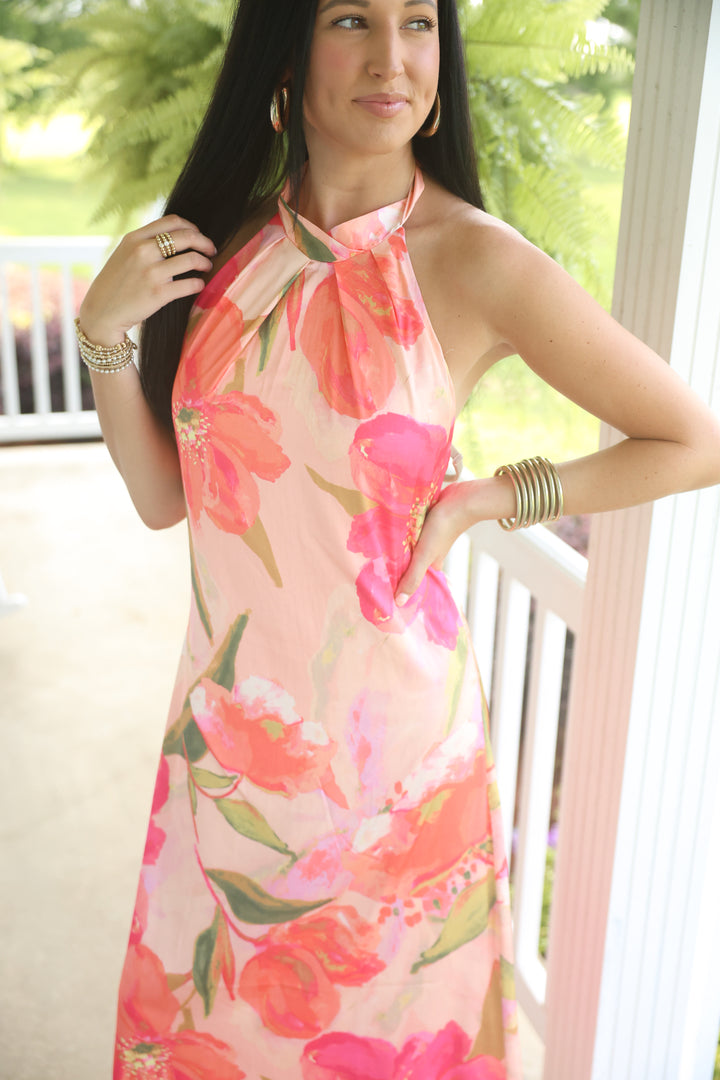 Pink Palms & Petals Halter Neck Midi Dress