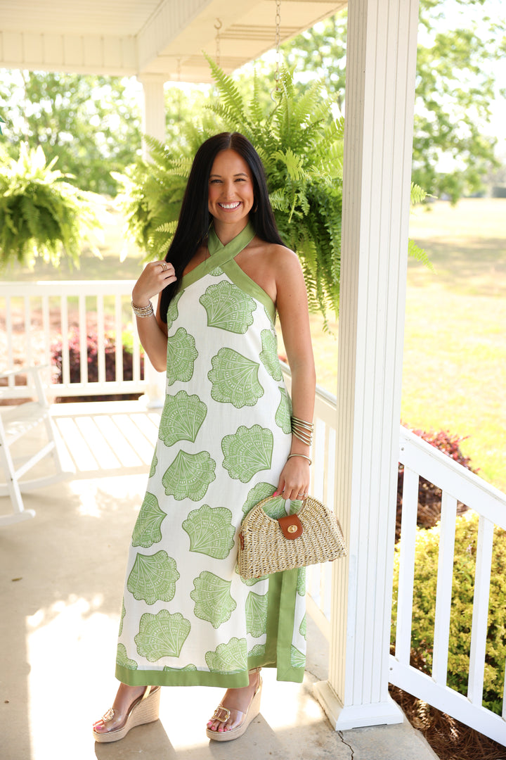 Shell Print Halter Neck Maxi Dress "Matcha"