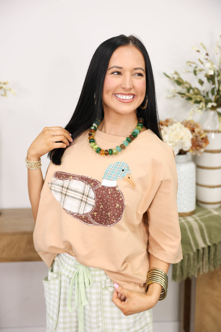 Mallard Duck Patchwork Dolman Sleeve Knit Top "Latte"