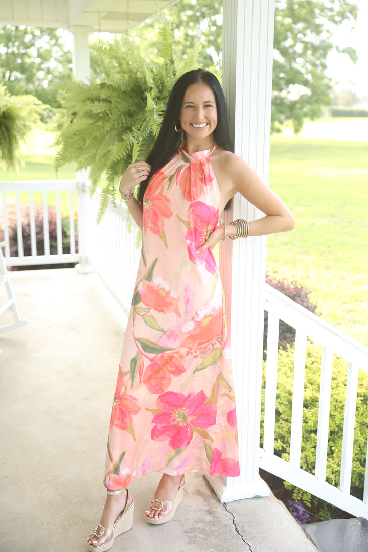 Pink Palms & Petals Halter Neck Midi Dress