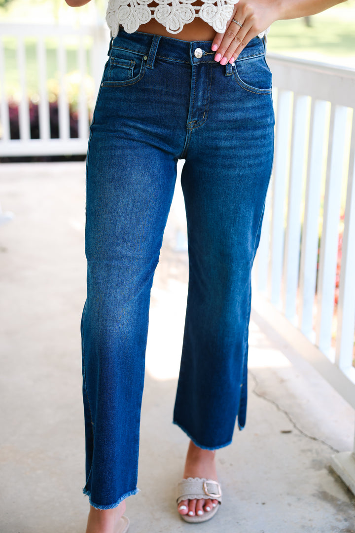 Risen - Mid Rise Crop Wide Side Slit Jeans "Dark"