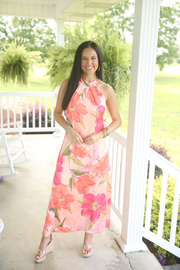 Pink Palms & Petals Halter Neck Midi Dress