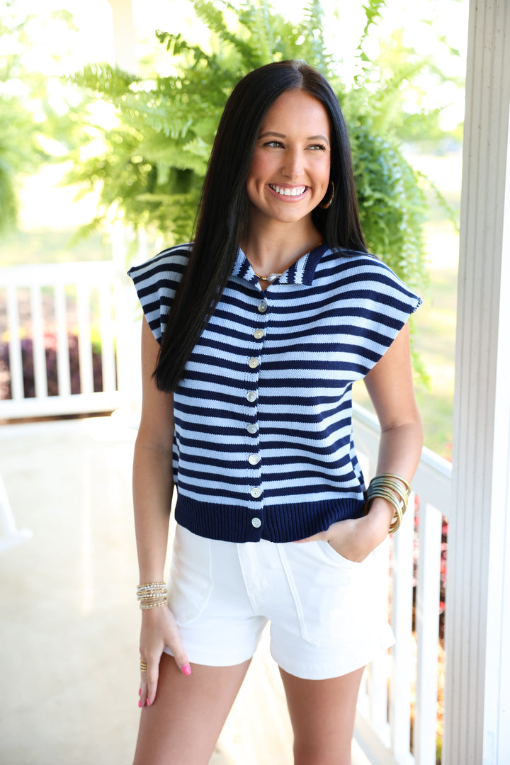 Striped Sleeveless Button Down Top "Navy"