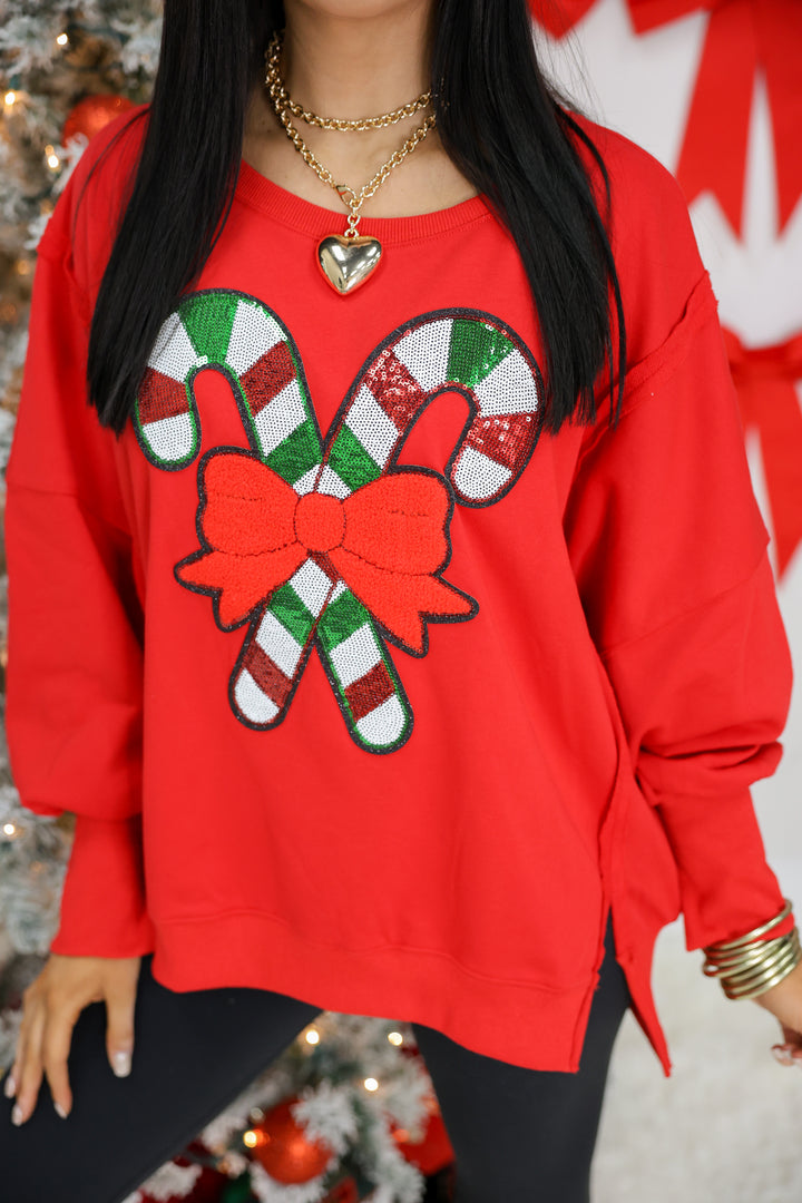 Candy Cane Sequin Dropped Shoulder Sweatshirt "Merry Red"