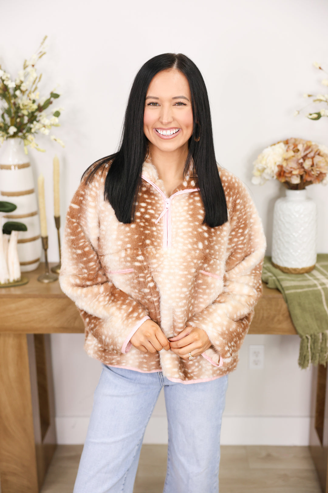 Deer Print Faux Fur Half Zip Jacket "Mocha"